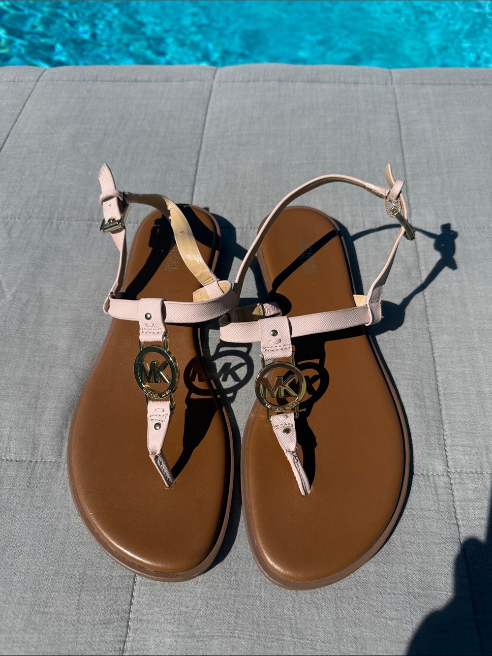 Michael Kors Blush Pink T-Strap Sandals with Gold MK Emblems